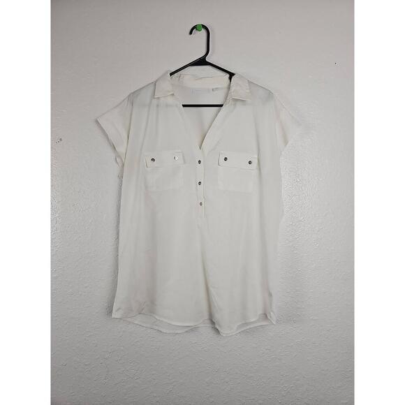 New York & Company Ivory V-Neck Blouse Size Large Button Down - Picture 1 of 6